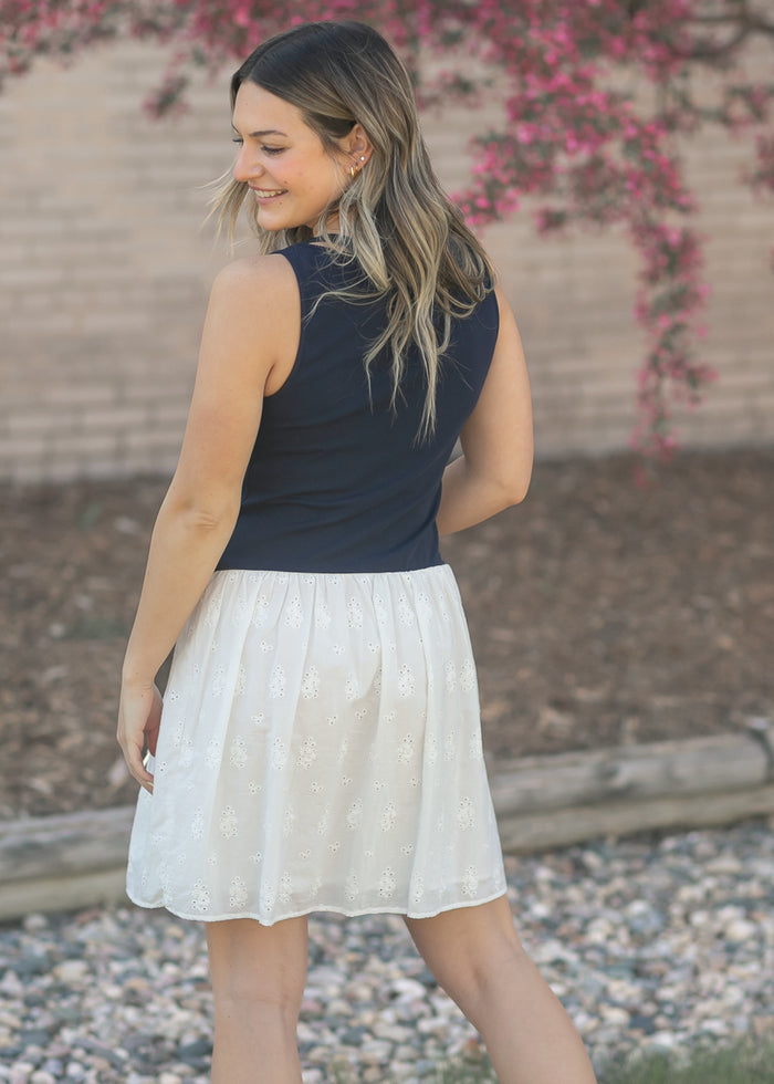 Eyelet Mix Media Boatneck Midi Dress FF Dresses