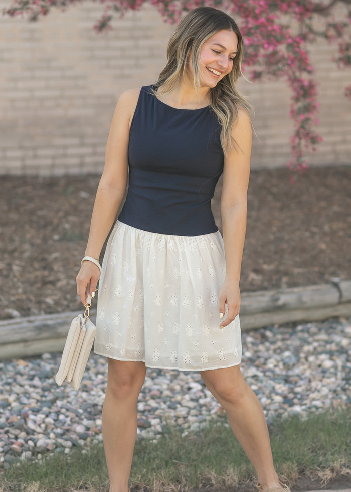 Eyelet Mix Media Boatneck Midi Dress FF Dresses
