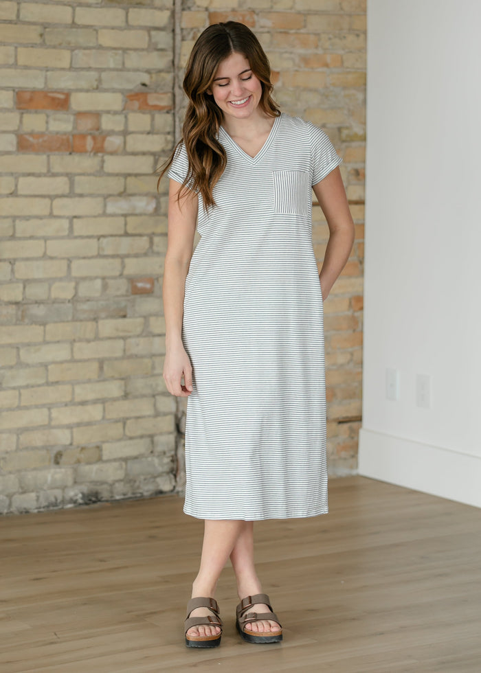 Finley Black Stripe V-neck Midi Dress IC Dresses