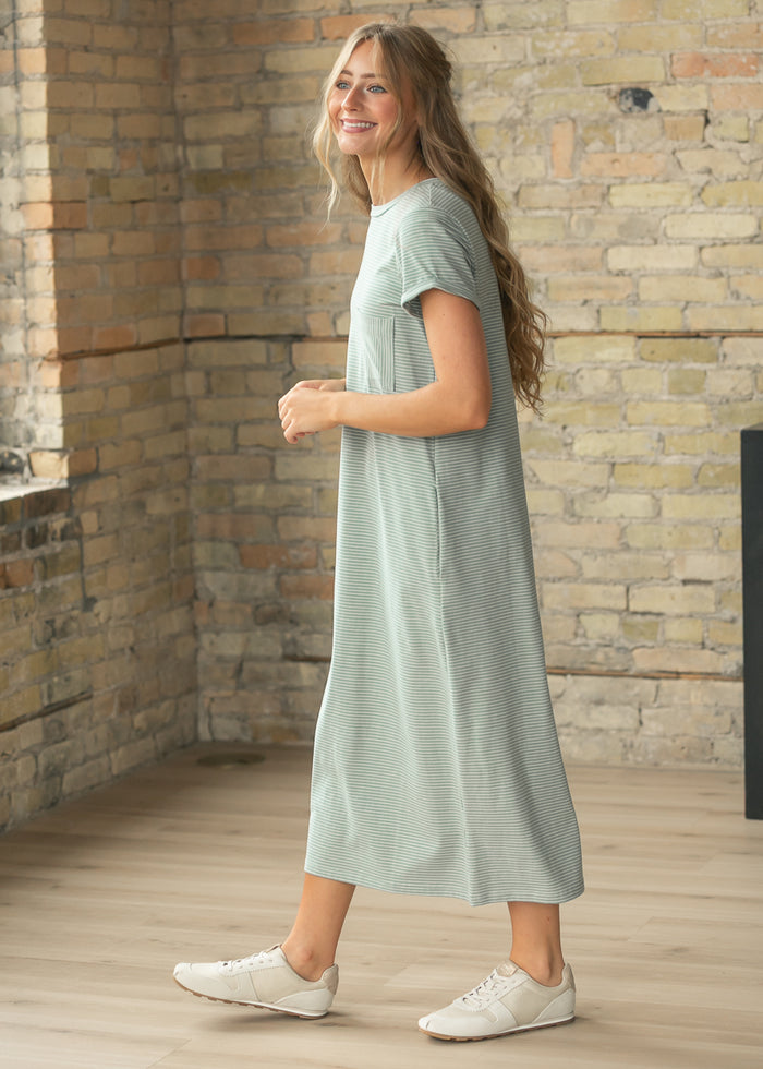 Finley Sage White Stripe T-shirt Midi Dress IC Dresses