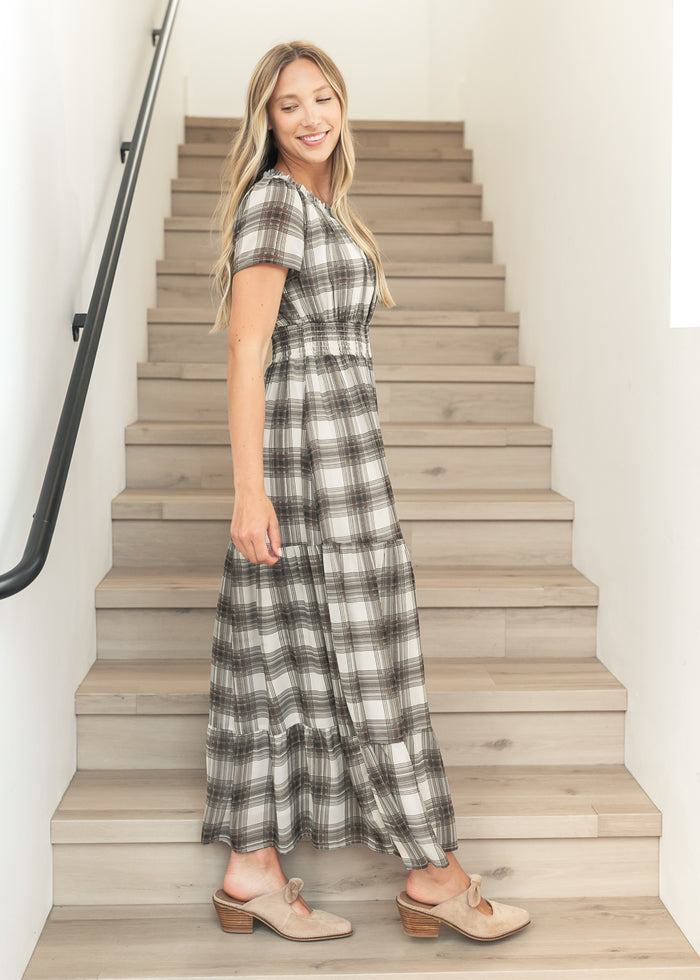 Fiona Brown Plaid Smocked Maxi Dress IC Dresses