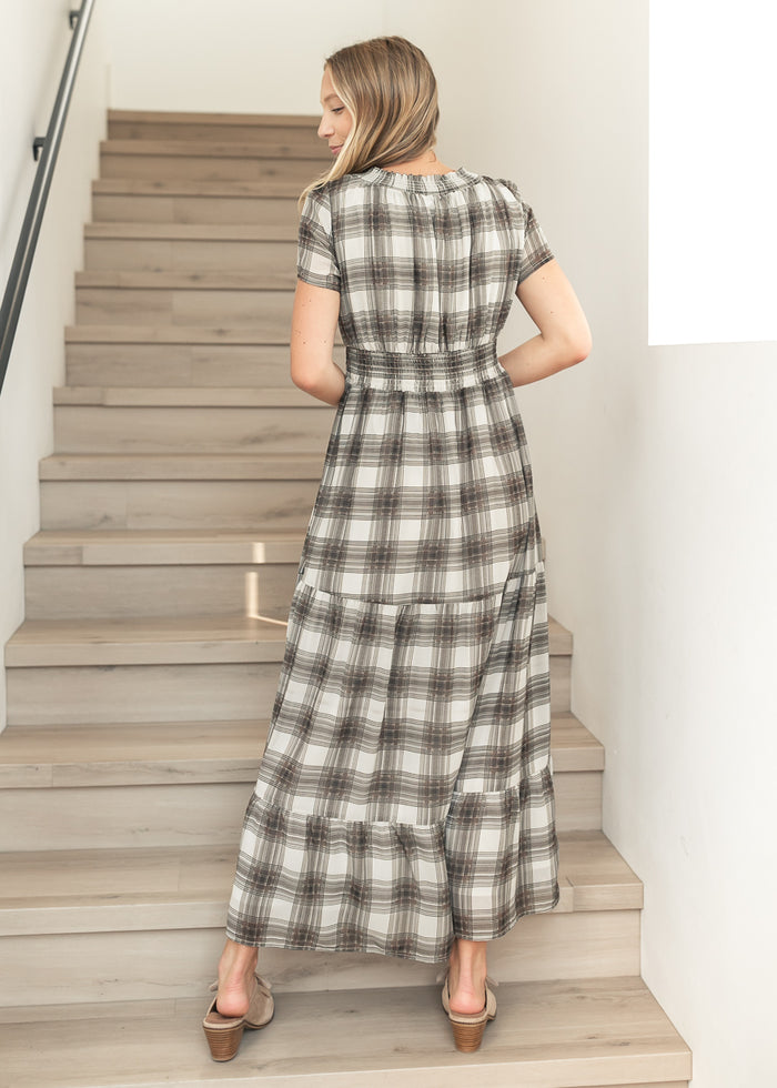 Fiona Brown Plaid Smocked Maxi Dress IC Dresses