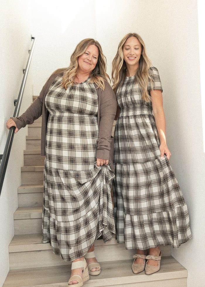 Fiona Brown Plaid Smocked Maxi Dress IC Dresses