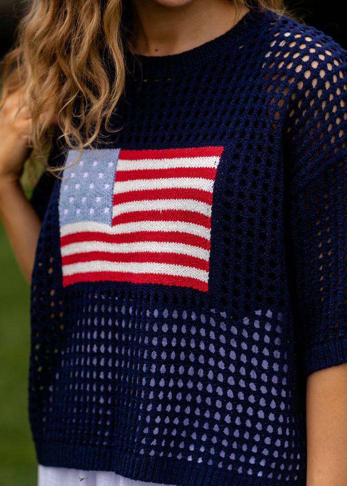 Flag Print Crochet Sweater Top FF Tops