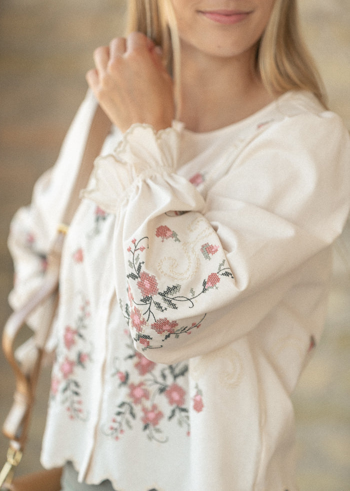 Floral Embroidered Button Down Top FF Tops
