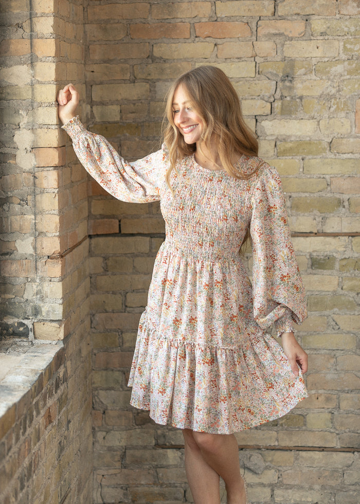 Floral Long Sleeve Smocked Midi Dress FF Dresses