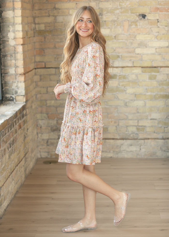Floral Long Sleeve Smocked Midi Dress FF Dresses