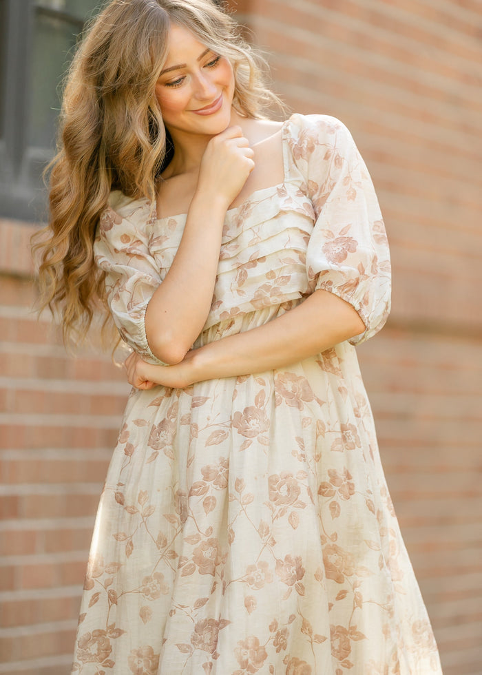 Floral Pleated Bodice Midi Dress FF Dresses