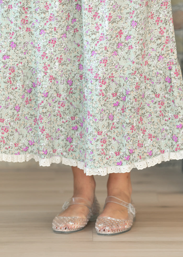 Floral Print Eyelet Trim Midi Skirt FF Skirts