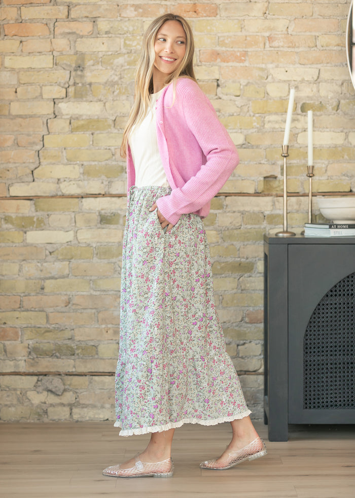Floral Print Eyelet Trim Midi Skirt FF Skirts