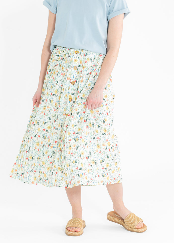 Floral Print Pleated Button Front Midi Skirt FF Skirts