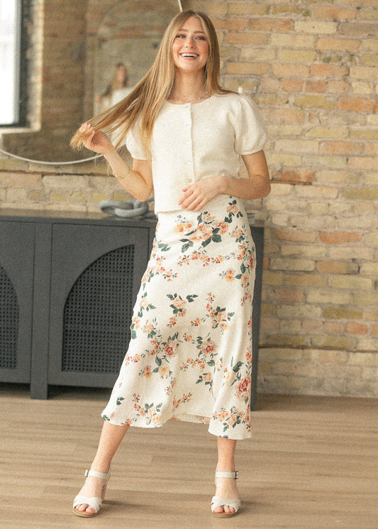 Floral Print Satin Maxi Skirt FF Skirts