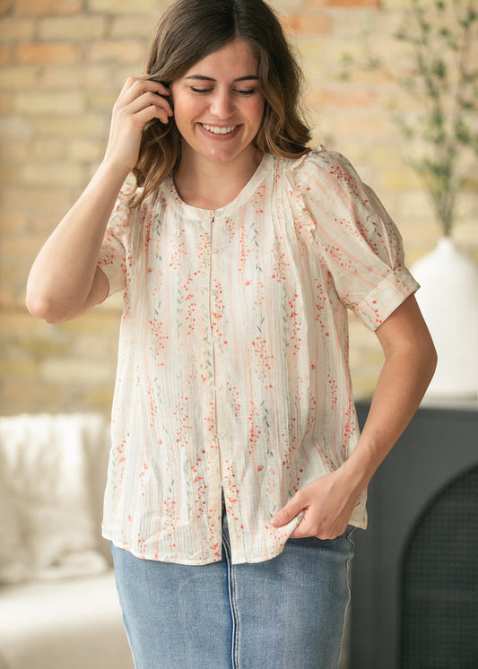 Floral Puff Sleeve Button Down Top FF Tops