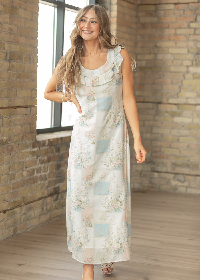 Floral Ruffle Neck Maxi Dress FF Dresses