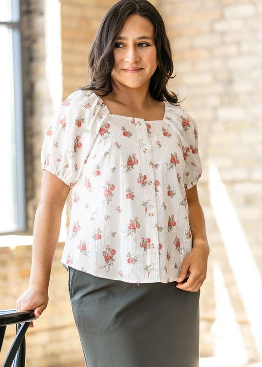 Floral Short Sleeve Square Neck Top FF Tops