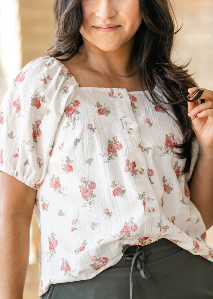 Floral Short Sleeve Square Neck Top FF Tops