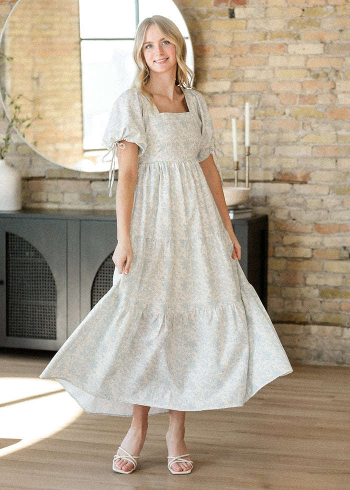 Floral Square Neck Tie Sleeve Maxi Dress FF Dresses