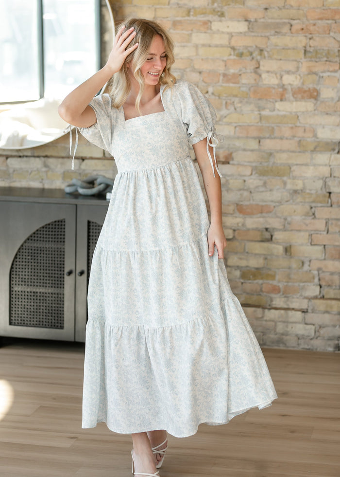Floral Square Neck Tie Sleeve Maxi Dress FF Dresses