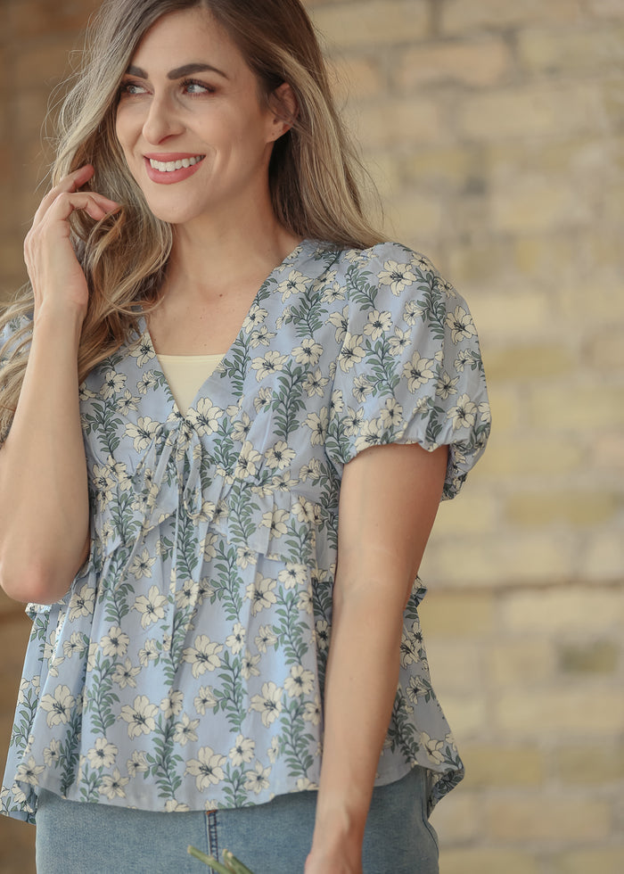 Floral V-Neck Puff Sleeve Top FF Tops