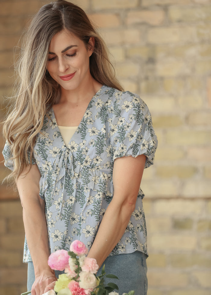 Floral V-Neck Puff Sleeve Top FF Tops