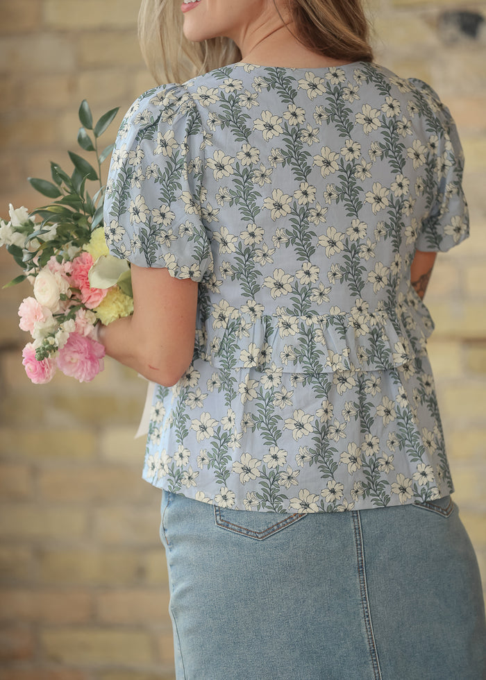 Floral V-Neck Puff Sleeve Top FF Tops