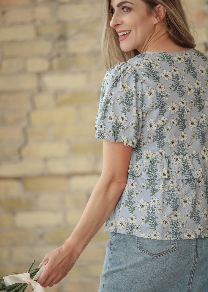 Floral V-Neck Puff Sleeve Top FF Tops