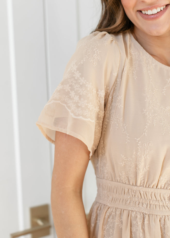 Flutter Sleeve Floral Embroidered Midi Dress FF Dresses