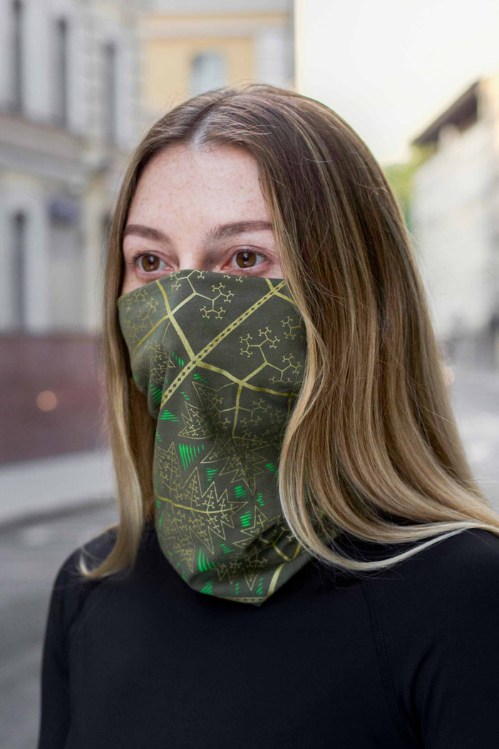 Fractal Forest Neck Gaiter Olive — visionary art by Symbolika