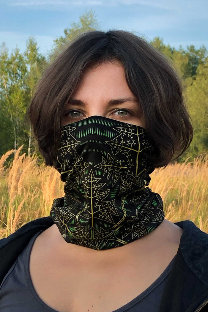 Fractal Forest Neck Gaiter Black — visionary art by Symbolika