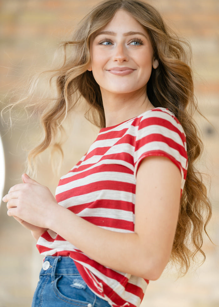 Free People® Nora Red Striped Tee FF Tops