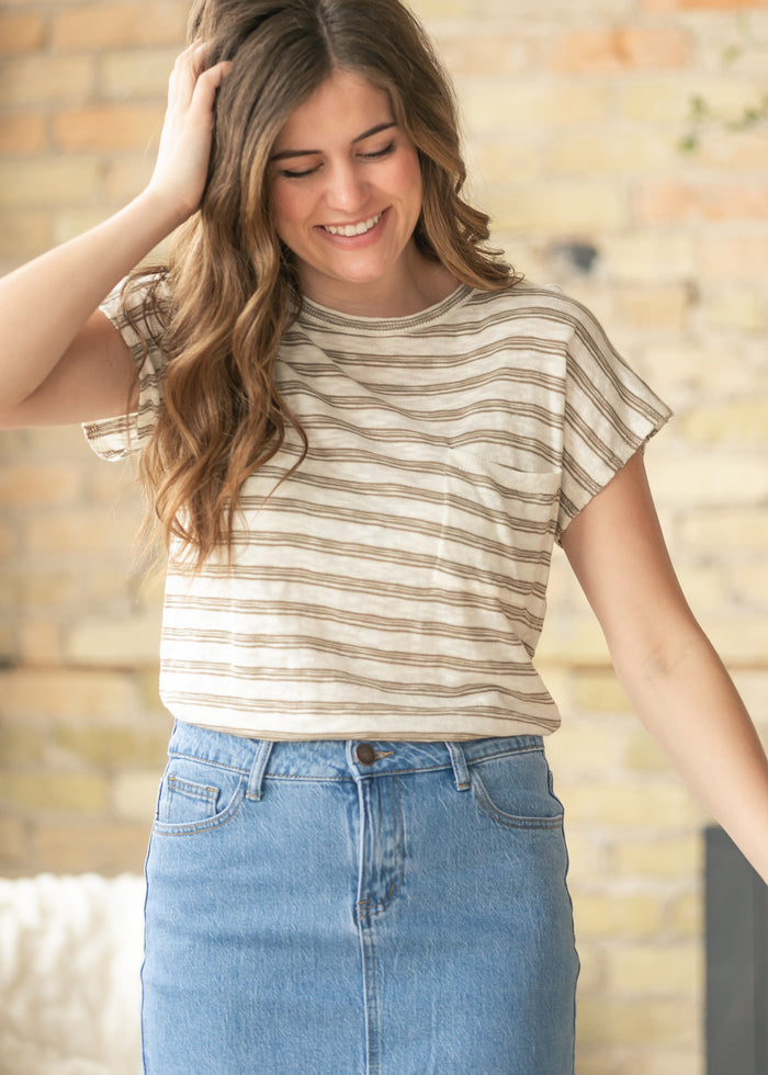 Front Pocket Stripe Cap Sleeve Top FF Tops