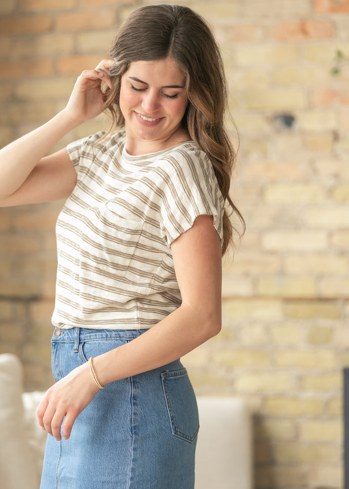 Front Pocket Stripe Cap Sleeve Top FF Tops
