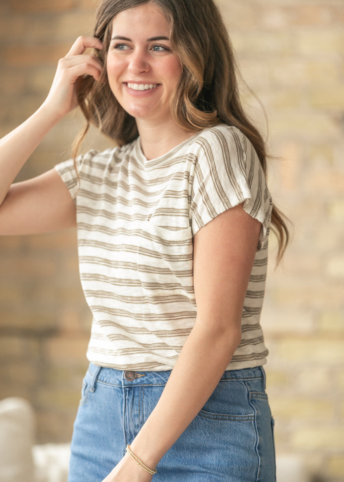 Front Pocket Stripe Cap Sleeve Top FF Tops