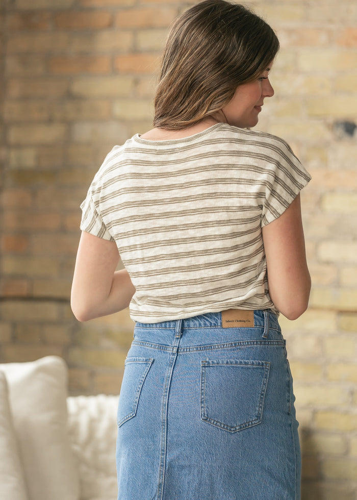 Front Pocket Stripe Cap Sleeve Top FF Tops