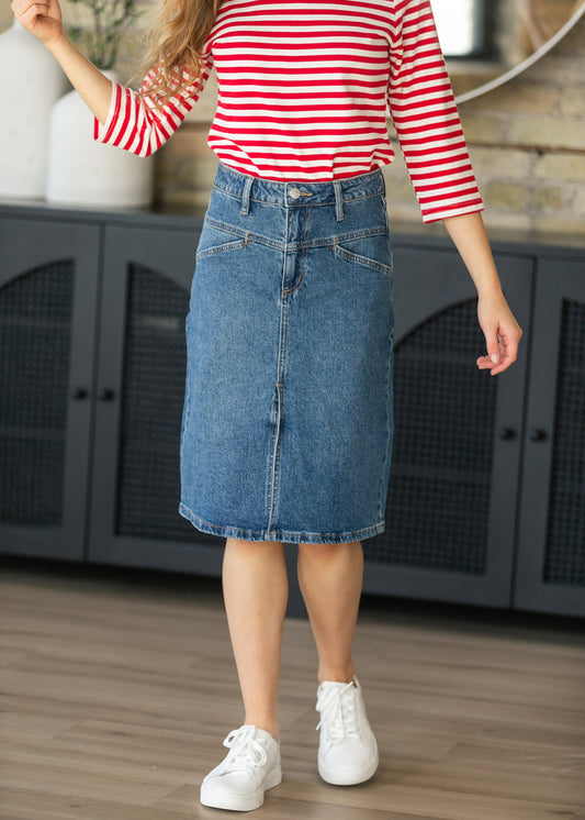 Front Yoke High-Rise Denim Midi Skirt FF Skirts
