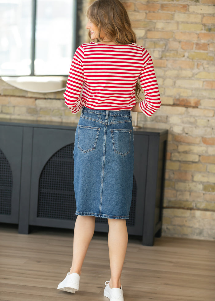 Front Yoke High-Rise Denim Midi Skirt FF Skirts