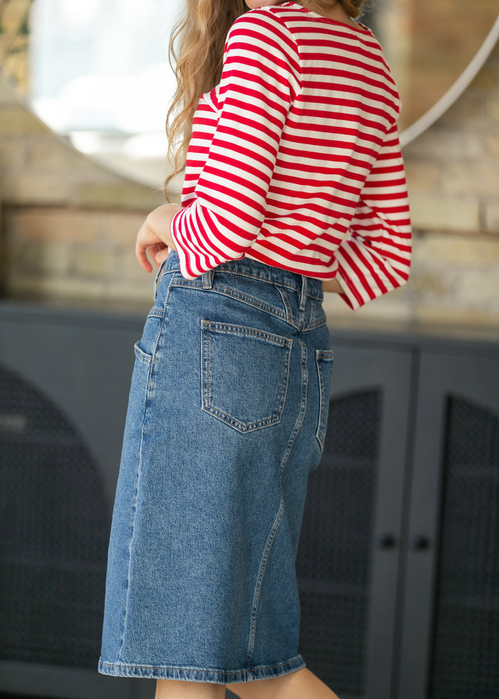 Front Yoke High-Rise Denim Midi Skirt FF Skirts