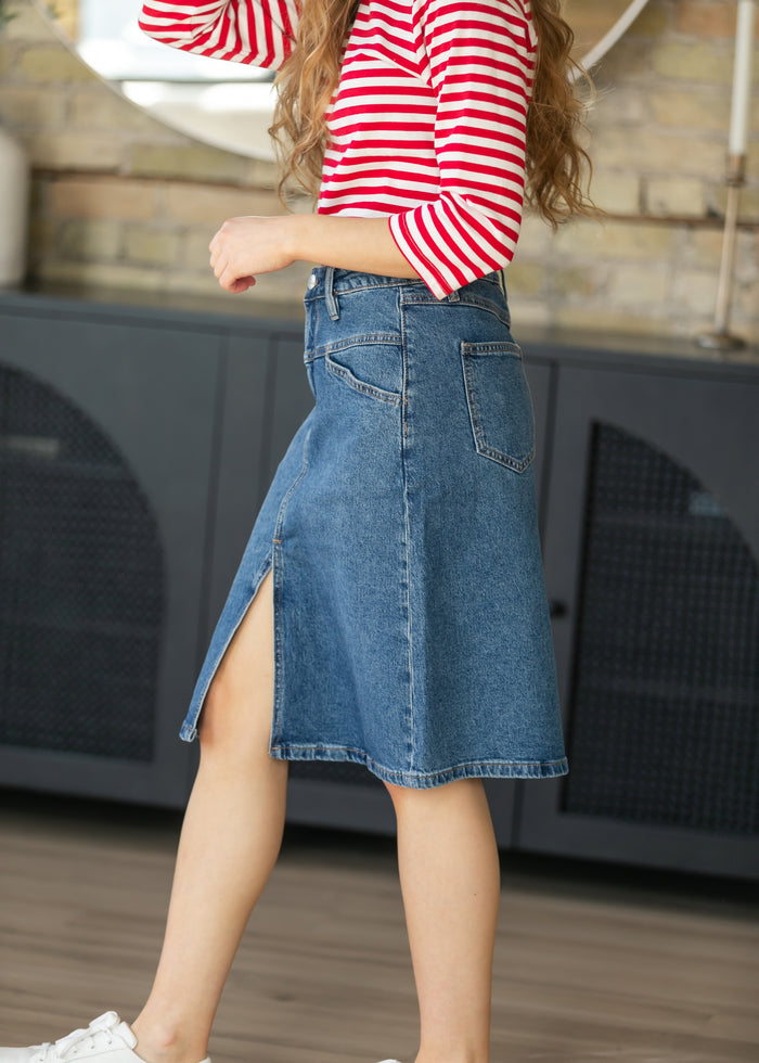 Front Yoke High-Rise Denim Midi Skirt FF Skirts