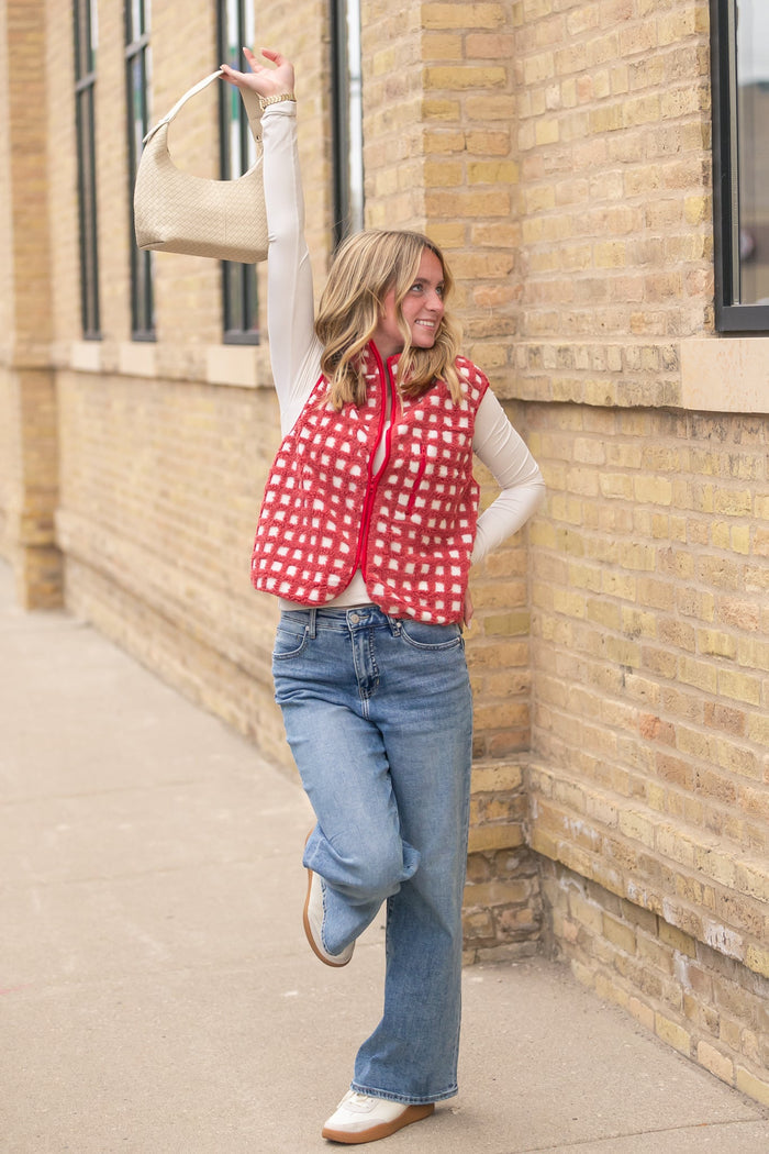 Fuzzy Checkered Zip Vest FF Layering Essentials