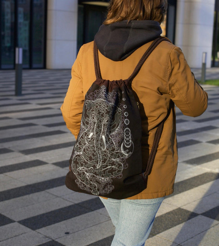 Ganescher Drawstring Bag - Tessellated elephant artwork on brown canvas by Symbolika