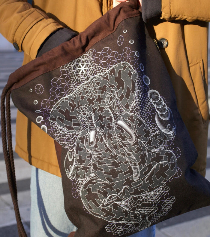 Ganescher Drawstring Bag Psychedelic Art Print on Black T-Shirt by Symbolika