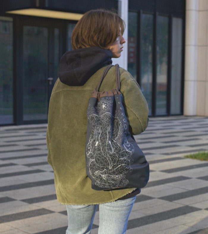 Ganescher Drawstring Bag Psychedelic Art Print on Black T-Shirt by Symbolika