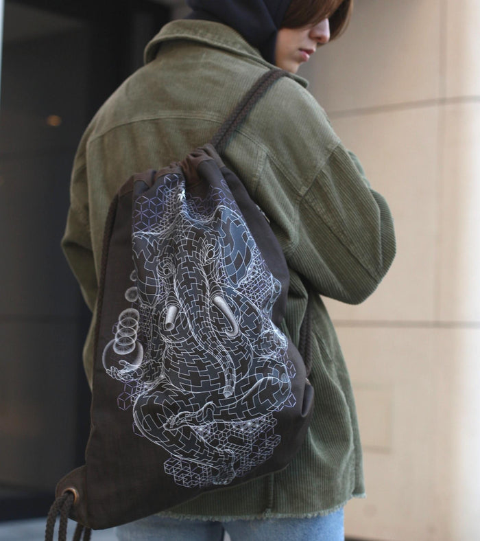 Ganescher Drawstring Bag - Tessellated elephant deity artwork on khaki canvas by Symbolika