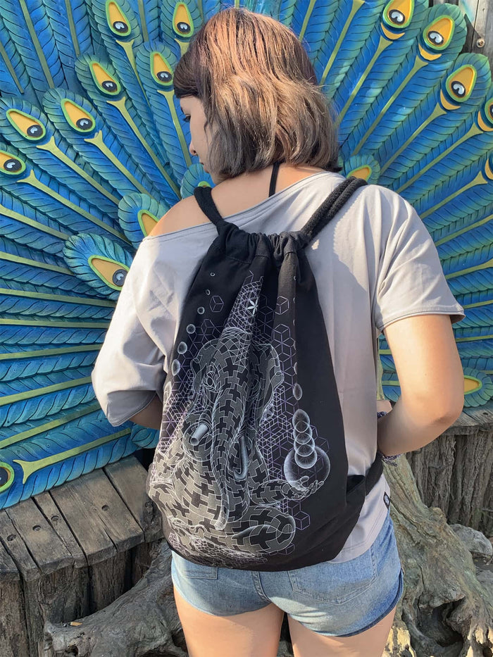 Ganescher Drawstring Bag - Escher-style Ganesha tessellation in white on black by Symbolika