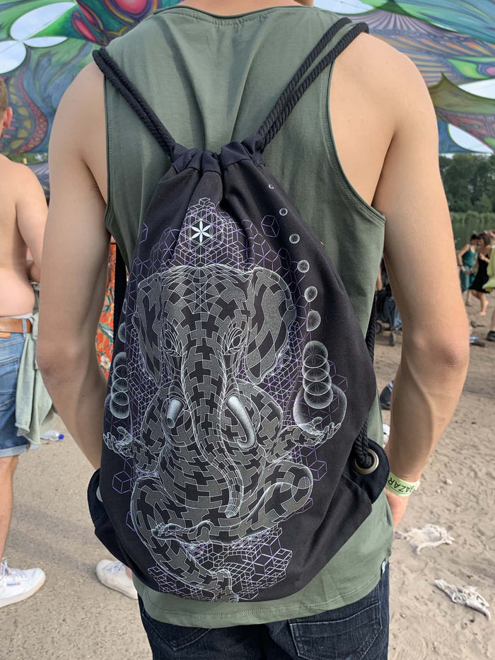 Ganescher Drawstring Bag Psychedelic Art Print on Black T-Shirt by Symbolika
