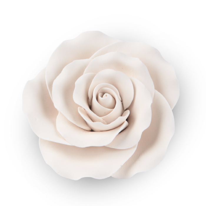 Handcrafted white tea rose sugar flower topper for decorating cakes and cupcakes