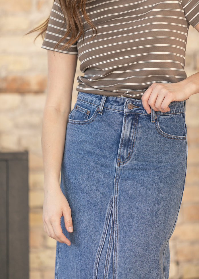 Genevive Medium Wash Maxi Denim Skirt IC Skirts