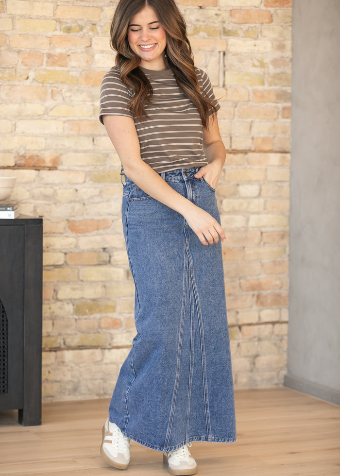 Genevive Medium Wash Maxi Denim Skirt IC Skirts