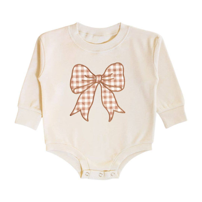 Gingham Bow Patch Long Sleeve Romper - Baby Clothing - Fall