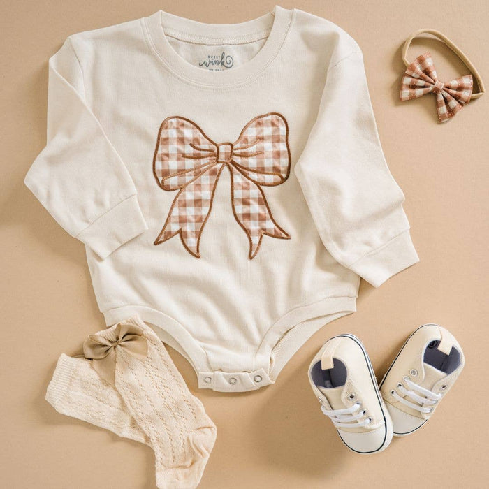 Gingham Bow Patch Long Sleeve Romper - Baby Clothing - Fall